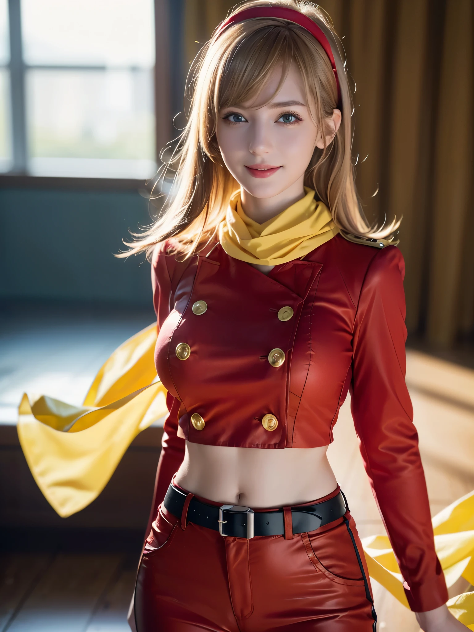 1girl, Alone, (cute french girl), 18yo, Young female, Low Height, slim body, (smile:1.2), Looking at camera,
break
upper body, (portrait:1.2), (sensual face:1.2),
break
Professional photo-realistic images, (16k, RAW photo, best quality, masterpiece:1.2), (realistic, photo-realistic:1.4), (extremely detailed 8k wallpaper), sharp focus, depth of field, blur background, bokeh, cinematic lighting, soft light, High resolution 16k close-up of human skin,
break
perfectly round breasts, busty breasts,
break
FrancoiseArnoul, blond hair, medium hair, red hairband, (red uniform:1.5, red pants:1.3), long sleeves, belt, black boots, (yellow scarf'1.2),