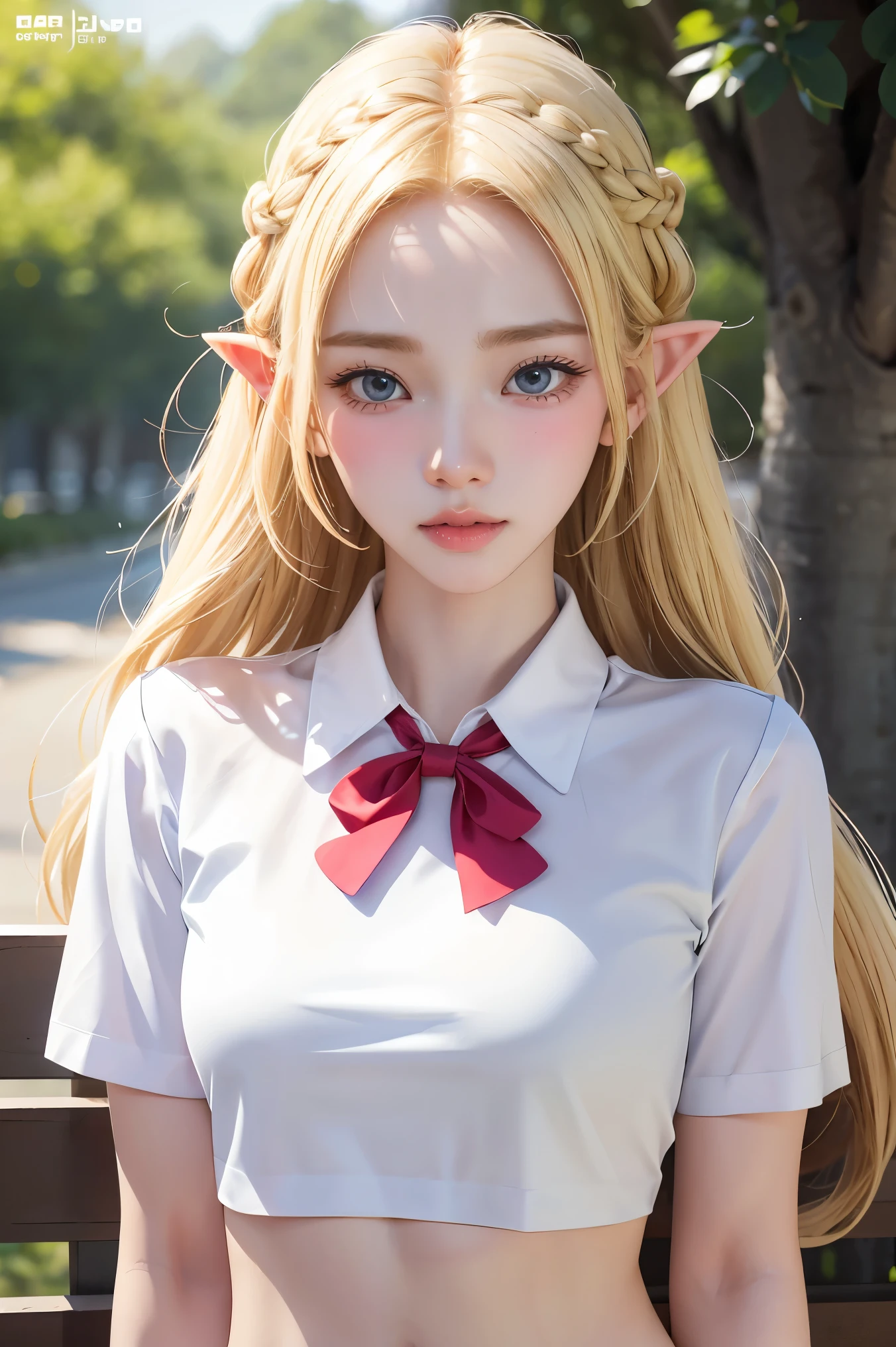 1girl, blonde hair, pointy ears, blue eyes, clothes lift, solo, hair ornament, hairclip, long hair, shirt lift, braid, looking at viewer, lips, lifted by self, horse, upper body, navel, day,white shirt,