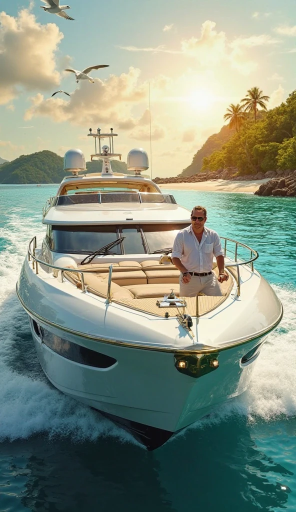 um homem rico de 45 anos, bem sucedido, is on a paradise island, a luxury boat appears in the scene