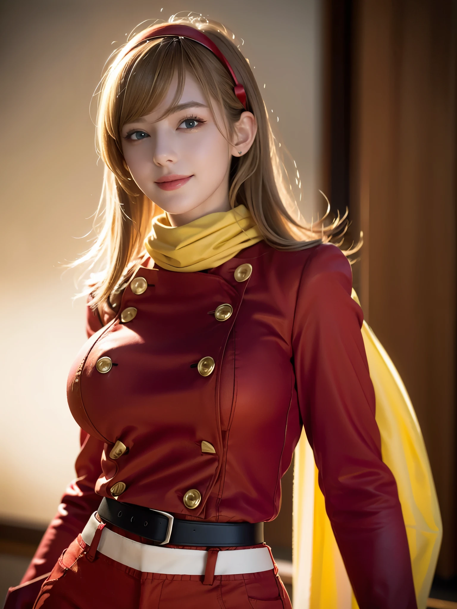  1girl, Alone, (cute french girl), 18yo, Young female, Low Height, slim body, (smile:1.2), Looking at camera, 
break
upper body, (portrait:1.2), seductive pose with sensual face,
break
Professional photo-realistic images, (16k, RAW photo, best quality, masterpiece:1.2), (realistic, photo-realistic:1.4), (extremely detailed 8k wallpaper), sharp focus, depth of field, blur background, bokeh, cinematic lighting, soft light, High resolution 16k close-up of human skin,
break
perfectly round breasts, busty breasts,
break
FrancoiseArnoul, blond hair, medium hair, red hairband, (red uniform:1.5, red pants:1.3), long sleeves, belt, black boots, (yellow scarf'1.2),
