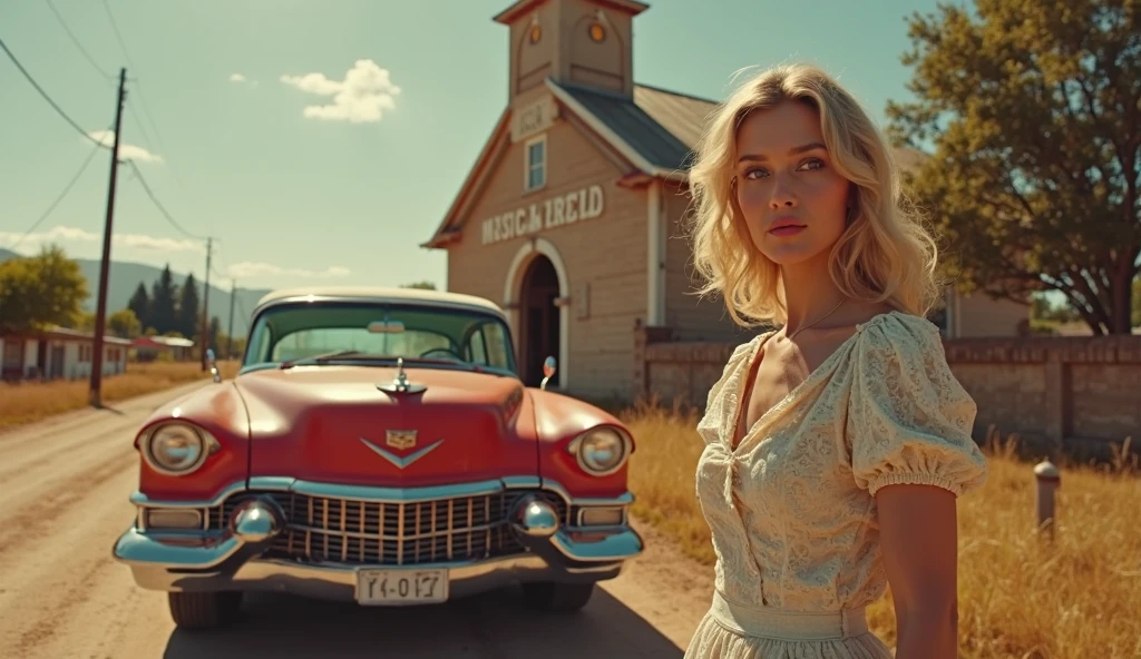 (Masterpiece.UHD.photorealistic analog photography. 50/60´s look) an ultra hot gorgeous European woman.age 23. long blonde hair, voluptuous curvy figure, perfect round cleavage. Full lips. Round Baby face. Huge natural breasts (100 de size). Wearing 40/50.s clothes. In a dystopian retro futuristic world. She’s a mom with her daughter in front elementary school. 1940 robotic clunky teacher. early morning light.
