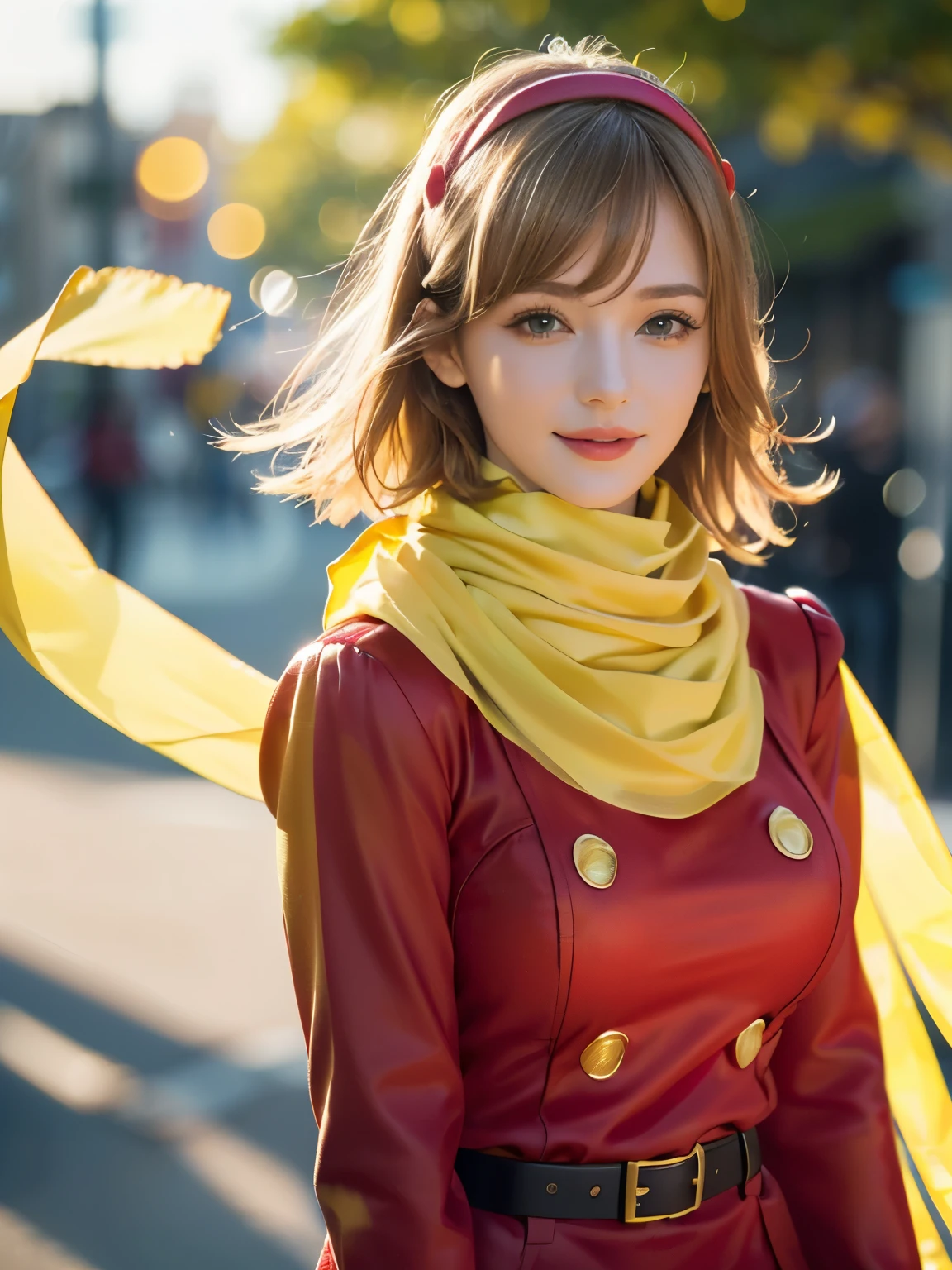 1girl, Alone, (cute french girl), 18yo, Young female, Low Height, slim body, (smile:1.2), Looking at camera,
break
upper body, (portrait:1.2), (sensual face),
break
Professional photo-realistic images, (16k, RAW photo, best quality, masterpiece:1.2), (realistic, photo-realistic:1.4), (extremely detailed 8k wallpaper), sharp focus, depth of field, blur background, bokeh, cinematic lighting, soft light, High resolution 16k close-up of human skin,
break
perfectly round breasts, busty breasts,
break
FrancoiseArnoul, blond hair, medium hair, red hairband, (red uniform:1.5, red pants:1.3), long sleeves, belt, black boots, (yellow scarf:1.5),