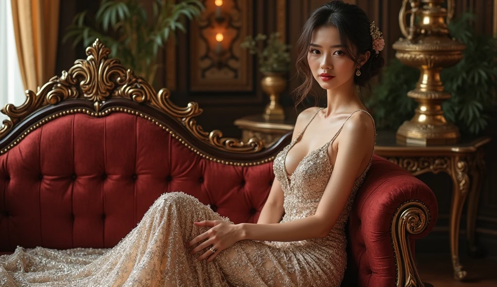 (Highly detailed CG Unity 8k wallpaper), (Masterpiece), (Best Quality), (Super Detail), (Best Illustration), (Best Shadow), (Photorealistic:1.1),(PureErosFace_V1:0.5), (Natural light), , Ultra High Resolution, woman in a yellow dress sitting on a bed in front of a mirror, glamour photography, portrait shot, royal elegant pose, portrait of modern darna, glamour pose, elegant pose, draped in silky gold, stunning elegant pose, fashion photograhy, modeling photography, looking in a mirror, fashion model photography, fine art portrait photography, glamour portrait