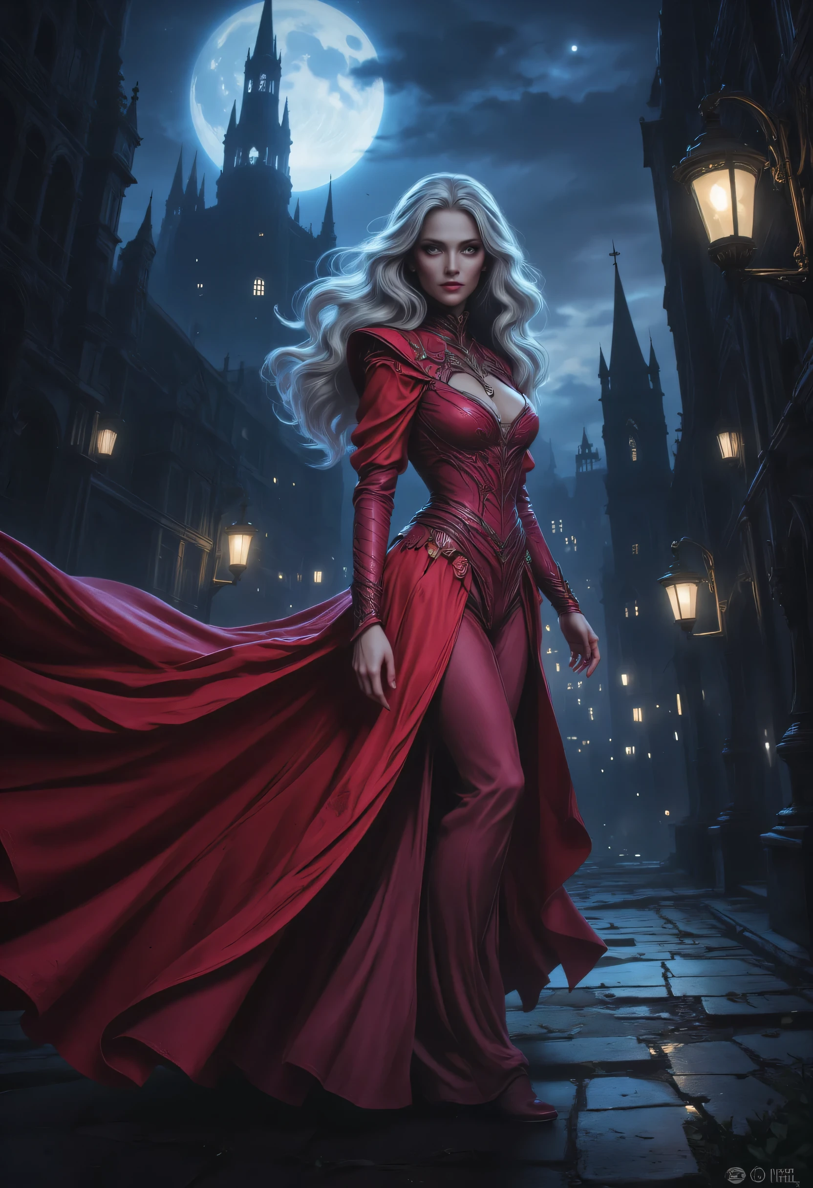 comic art, fantasy art, RPG art, ultra wide shot, a picture of a mysterious woman standing under the streetlamp, in the big city, a beautiful mature woman, elegant woman, dynamic hair color, dynamic hair style, wearing intricate pink silk dress,  billowing in the wind, flowing red cloak, high heels,  standing in goth city at night, goth buildings, moon in the sky, 16k, [ultra detailed], masterpiece, best quality, (ultra detailed), full body, ultra wide shot, zavy-ctcmcs, aidmaDarkfantasy