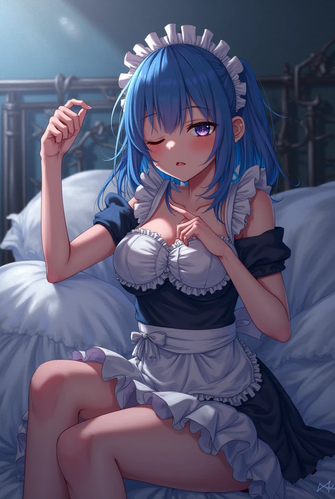 Rem from the anime re zero wears a maid outfit with an open chest and pink nipples