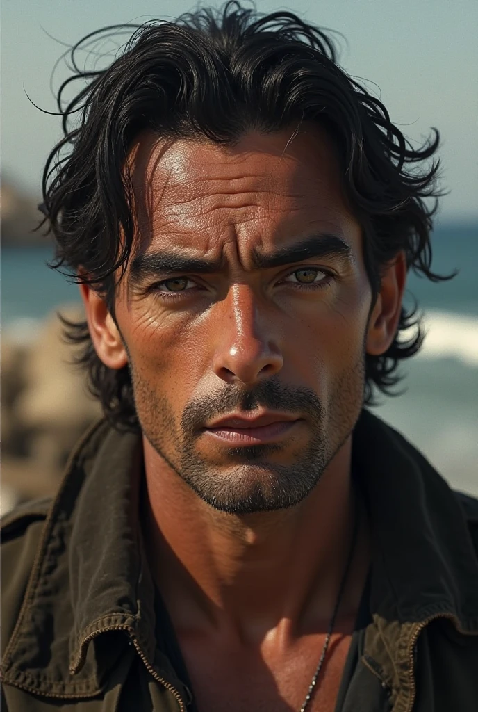 sea-green eyes, wavy dark hair, tanned skin, strong jawline, , rugged features, 
Male
Greek