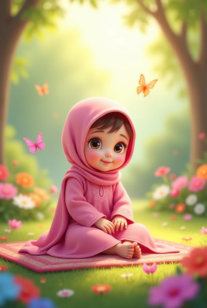 A beautiful kid girl cartoon is wearing beautiful dress and hijab and sitting on the chair in the garden 