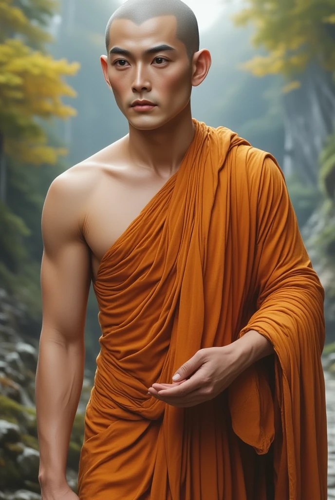 Young muscular Vietnamese monk, Detailed baldness, tractor head, shirtless :: shirtlessคลุม, Buddhism, quiet, Dark brown coat with details., Take the whole body, Walking posture :: Manly, Look at the camera, (Make eye contact), manhood posture, Manly deportment, Have morals, masculinity, manhood, very detailed facial parts, very detailed neck, Manly, waterfall background, happy expression, professional photos, soft focus, (8ก, raw photos, best quality, Masterpiece:1.2), very detailed, Ultra high resolution, perfect anatomy, ส่วนของร่างกายที่very detailed, The body is very symmetrical., Asia, 18 years old, shirtless :: Highly detailed, detailed face, Detailed eyes, proportional eyes, very detailed mouth, Leaky abdomen :: very detailed, thin, small waist, realistic, human skin, นิ้วที่very detailed, handsome chad chin, shirtless, Be a man, human skin, handsome, charming, Highly detailed RAW color photo, depth of field, Photo taken from the front, perfect composition, very detailed hands, very detailed fingers