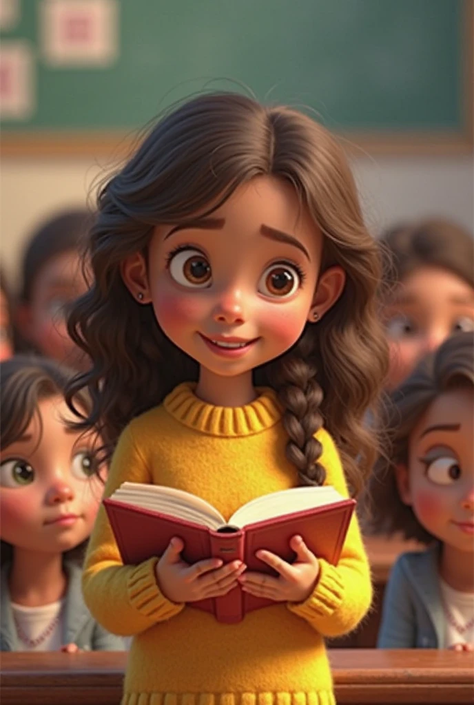 A young Caucasian girl with long, wavy brown hair, DISTRIBUTING yellow BOOKS TO STUDENTS, yellow books in her both hands. a proud smile on her face. Cute face. Cute expressions. Students are happy holding books