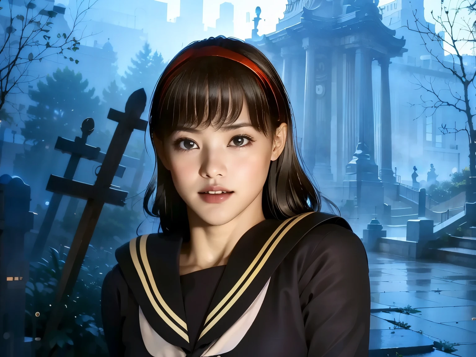 (8k, top quality , masterpiece:1.2), ( realistic, photo- realistic:1.37), very well detailed, top quality , super fine, Professional Light , photon mapping , radiosity, teeth、and、represents a spectacular natural landscape with physics-based rendering, cinematic lighting , Late night road, The depth of the letter frame , people sitting on chairs outside ,sunshine, Good composition,(Bokeh:1.2) 1 girl, alone,(full body), ( 彼女teeth口を閉じた ), Beautiful and Cute Eyes , stop temporarily, thin waist, Japanese high school girl with black ruffles , black hair, hortabla, long hair ,sailor、女子高校生のsailor服、happy smile、彼女teeth幸せ、