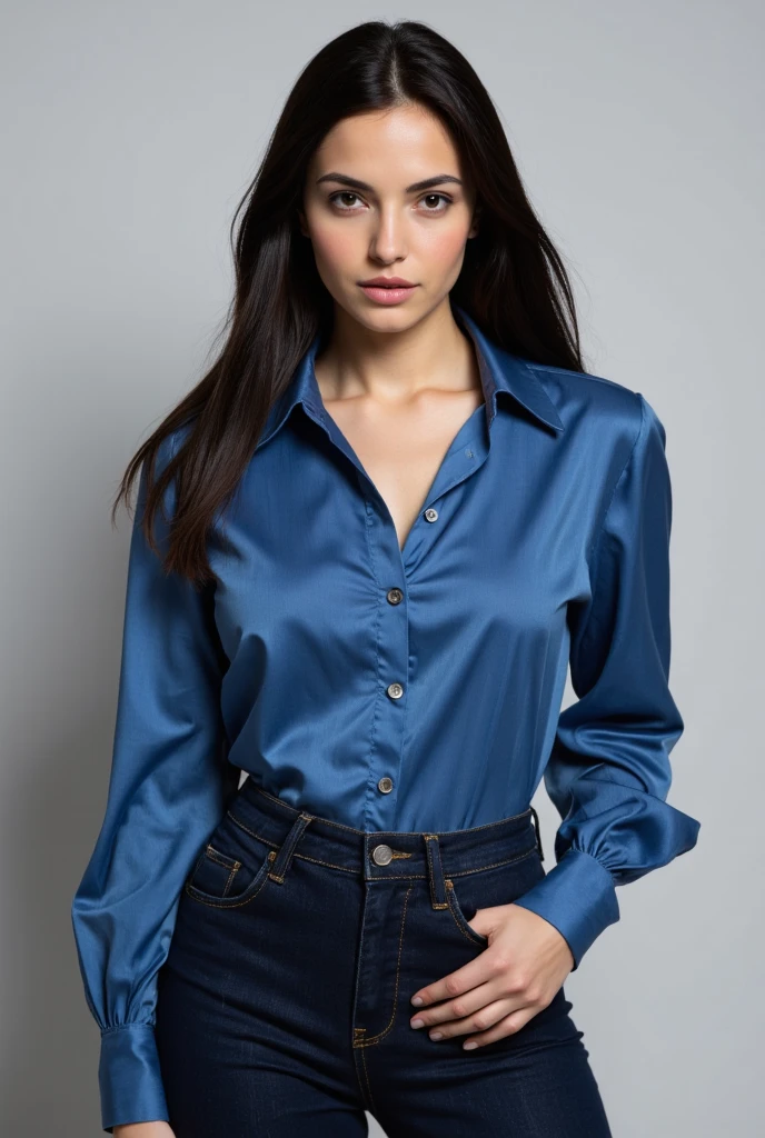 medium shot, cinematic photo 1girl, wearing blue jeans, classic tuck with a silver, silk collared shirt, <lora:collaredShirt-000020:0.6>, masterpiece, studio lighting, best quality, 4k (detailed face, detail skin texture), (ultra-detailed fine fabric emphasis), <lora:Again_Girl_A6:0.9>, (black long straight hair),