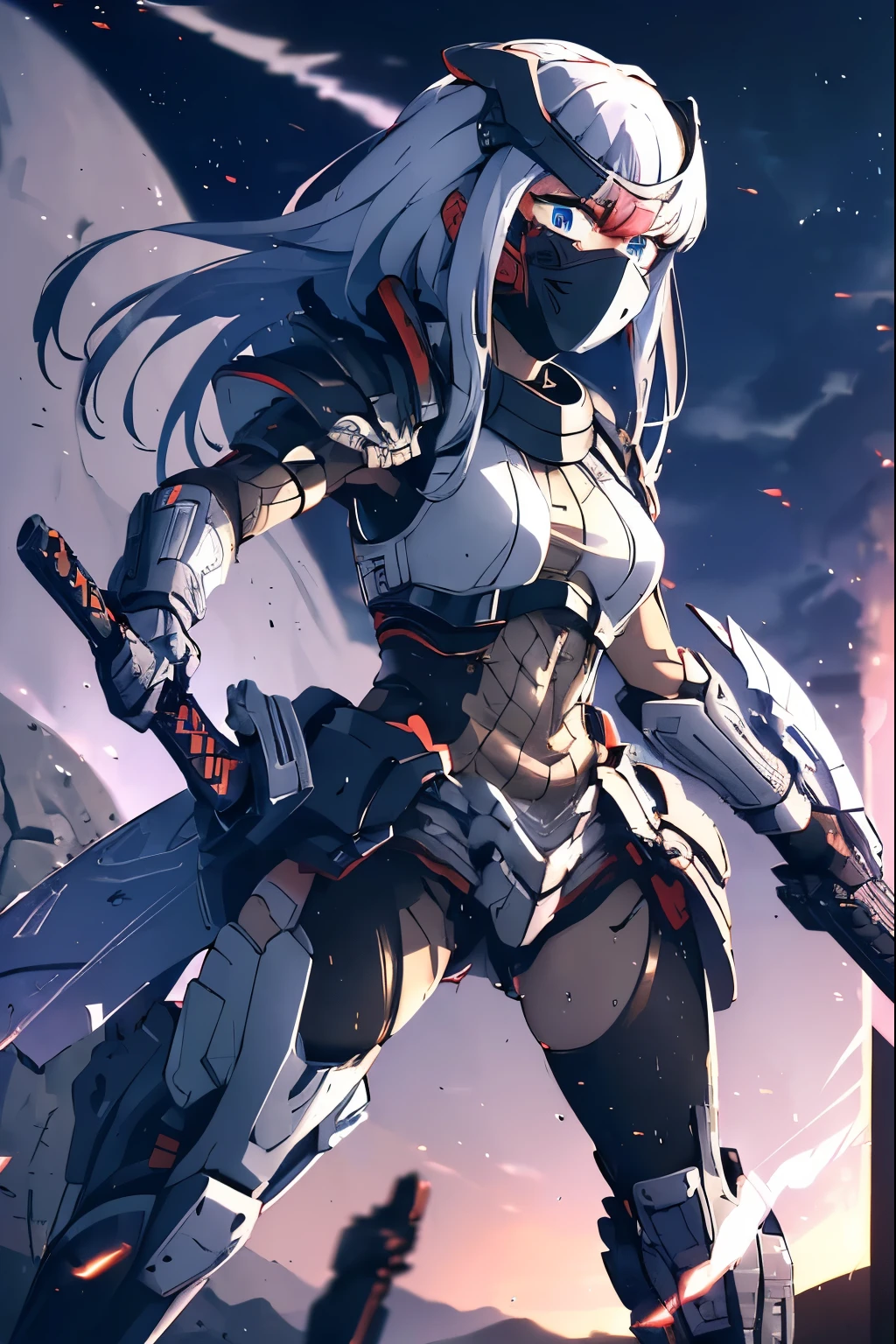 (masterpiece), (high resolution), (alone), (perfect face), (beautiful Korean high school girl), ((long straight white hair and bright blue eyes)), (((Ultra detailed blue eyes))) , white hair, red tartan plaid clothes, smile, stare, stand, watch the audience, (((She has a Katana in his right hand))), ((Long white hair)), ((Long straight white hair and bright blue eyes)), beautiful face, white background, embarrassed look, look at the camera, (high quality eyes), detailed texture, look at me, cool women, ((high resolution eyes)), masterpiece, best quality, (long hair), (Woman wearing full Predator armor from the film), detailed full body, (detailed eyes), (The Predator's small 10cm plasma cannon is an advanced weapon used by alien hunters known as Yautja. It is capable of fire highly energized plasma projectiles that can pierce or vaporize almost any material. (The cannon is mounted on the user's shoulder and is controlled via a visor affixed to the helmet.) (The cannon can track thermal targets and adjust fire power based on distance and target strength.) (The cannon also has an automatic reloading system utilizing a portable power generator.) The Plasma Cannon is one of the most powerful and feared weapons in the Predator arsenal, being used both to hunt dangerous prey and to eliminate potential threats.), (She wears long blades on her wrist like a Predator), ((The Predator's Wrist Blade is a lethal weapon used by this alien species in their hunts. It consists of a metal sheath that fits around the user's forearm, with a mechanism that allows it to project and retract two curved blades about 30 centimeters in length. The blades are made of an extremely durable and sharp material, capable of easily cutting through flesh, bone, and even metal. The Wrist Blade is activated by a button on the glove, or by a mental command through a neural implant), (She wears a full Predator Bio-Mask covering her face), 16k quality, Cinematic