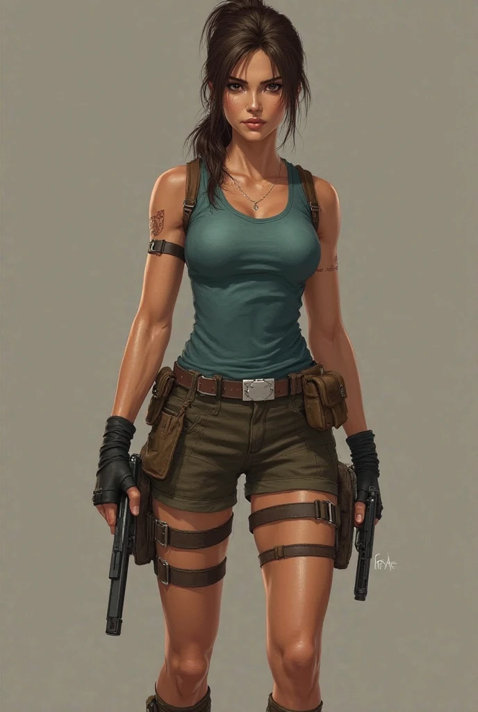 Lara Croft, the iconic protagonist of the Tomb Raider series, is known for her distinctive and athletic appearance. Here is a detailed description of her with a focus on her physical attributes:

Hair: Dark brown, often styled in a practical braid or ponytail, reflecting her adventurous lifestyle.
Eyes: Brown, conveying intelligence and determination.
Skin: Tanned, showing the effects of her outdoor adventures and physical challenges.
Outfit: Her classic outfit includes a turquoise tank top, light brown shorts, calf-high boots, and fingerless gloves. She also wears a utility belt with holsters for her dual pistols, and sometimes a backpack for her gear.
Accessories: She is often equipped with various tools and weapons, including her signature dual pistols, a climbing axe, and sometimes a bow.
Physique: Athletic and muscular, showcasing her agility, strength, and endurance. Her physique is well-toned, reflecting her rigorous training and physical activities.
Expression: Confident and focused, with a hint of curiosity and resilience, embodying her fearless and intelligent nature.
Lara Croft’s appearance is a blend of classic heroism and modern athleticism, making her one of the most recognizable and influential characters in gaming