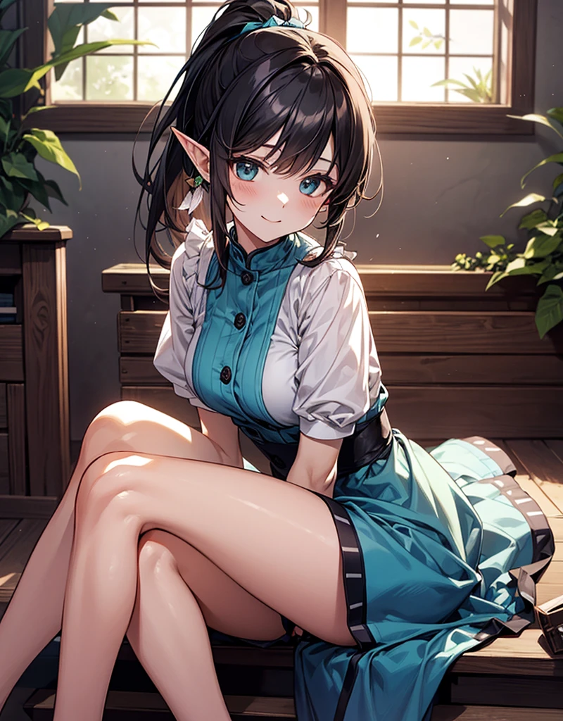 Detail image, realistic image, 1 elf. loli. She has turquoise eyes with and black hair, has a delicate oval face, medium breasts and a curvy body, thick thighs. She is wearing a crop top, tight pleated mini skirt, moccasins slippers. smiling, sitting. Ambient light. Volumetric Light