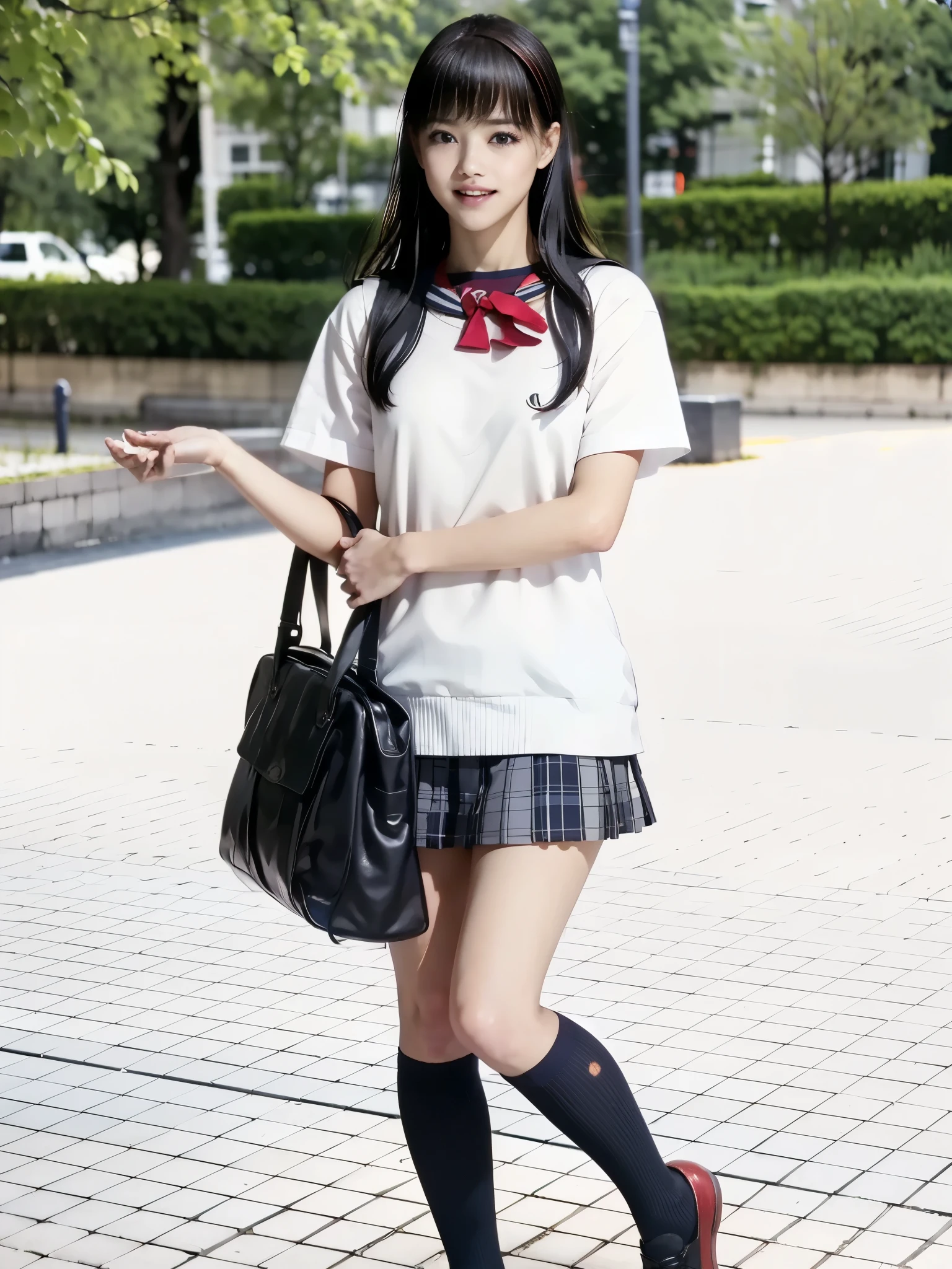 masterpiece, Highest quality, 8K, Young beautiful girl, Baby Face、Clothed Big Tits、((((((10 years old)))))),((Large Breasts:1.3)), photo shoot, Cute face,  Embarrassing、smile、 makeup, Ten generations, Detailed face, Long Hair、Black Hair、Narrow waist,((school uniform、White shirt、Checkered mini skirt))、Black knee-high socks,