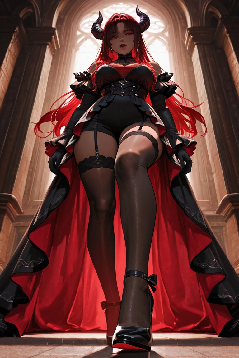 {{{masterpiece}}}, {{{best quality}}}, {{ultra-detailed}}, Caucasian woman, red eyes,long hair, red hair, average height and weight, break slender build,nsfw,beautiful face,evil smile, large breasts,well-groomed, high-end designer labels, black dress,shorts,,long legs, (full body:1.5), (from below:1.5), looking down at viewer,photorealistic, (presenting foot, soles, close-up foot:1.3), white background,extremely confident,(crossed legs:1.7),mostrar los pies, planta del pie, dynamic angle, the most beautiful form of chaos, (vivid colours),black high heels,nsfw,footjob
