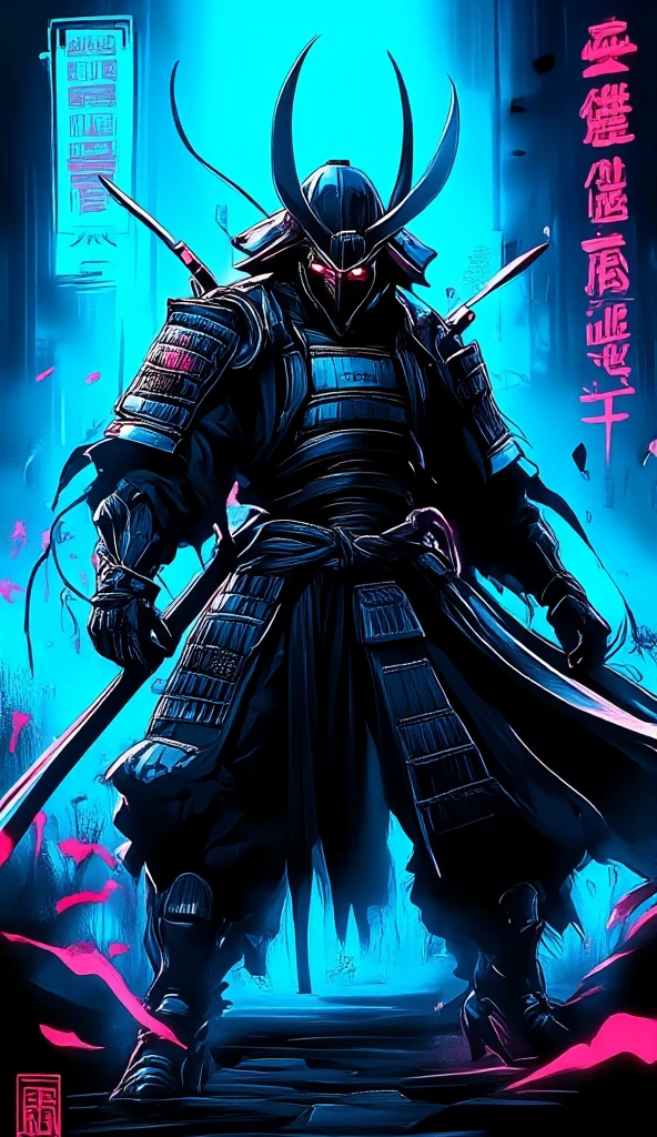 In the style of cartoon, a cyberpunk warriorin front of a solid electric blue background, with the text "Future" in stylized kanji. ,