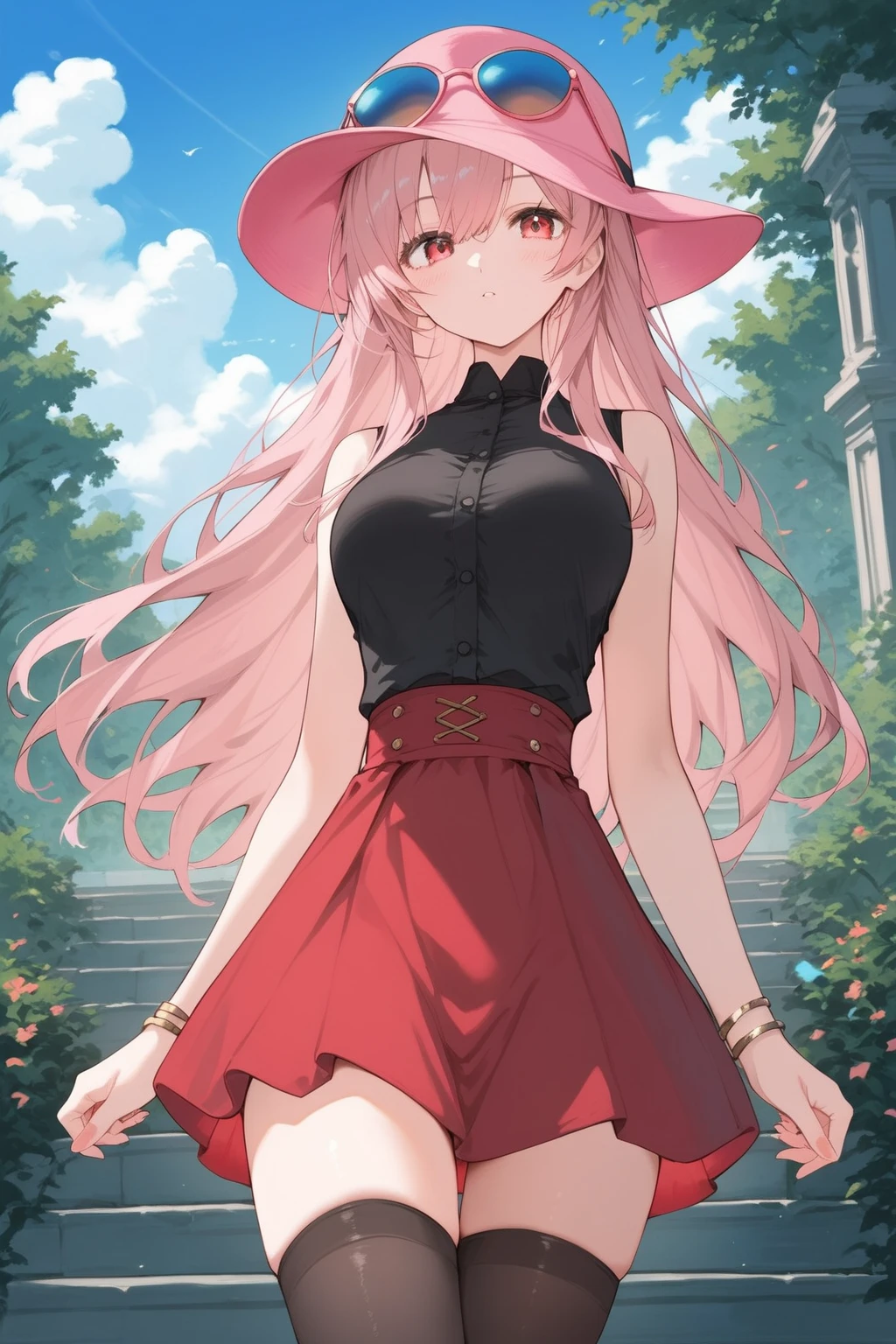 score_9, score_8_up, score_7_up, source_anime, highquality illustration, masterpiece, very delicate and beautiful, attractive girl, beautiful eyes, outdoors, ((She wears sleeveless shirt,black shirt, high-waist skirt,red skirt, black thigh highs, pink headwear, eyewear on headwear, bracelet)),