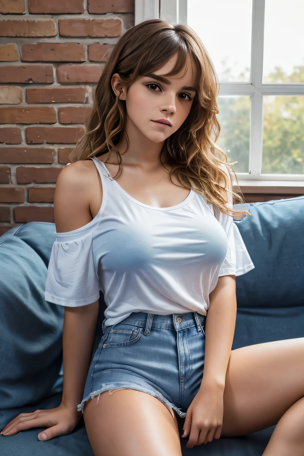 Gorgeous european woman with curly hair, bushy hair with bangs, thick hair, shoulder length hair, shiny hair, streaked blonde hair, seductive pose, Emma Watson in a revealing clothes, medium breasts, (wearing a thin white baggy t-shirt with a Greek flag and denim blue jean shorts), (arms crossed, focus on breasts:1.2), sitting on a couch, (British bungalow, brick home, evening), (extremely detailed 8k wallpaper),