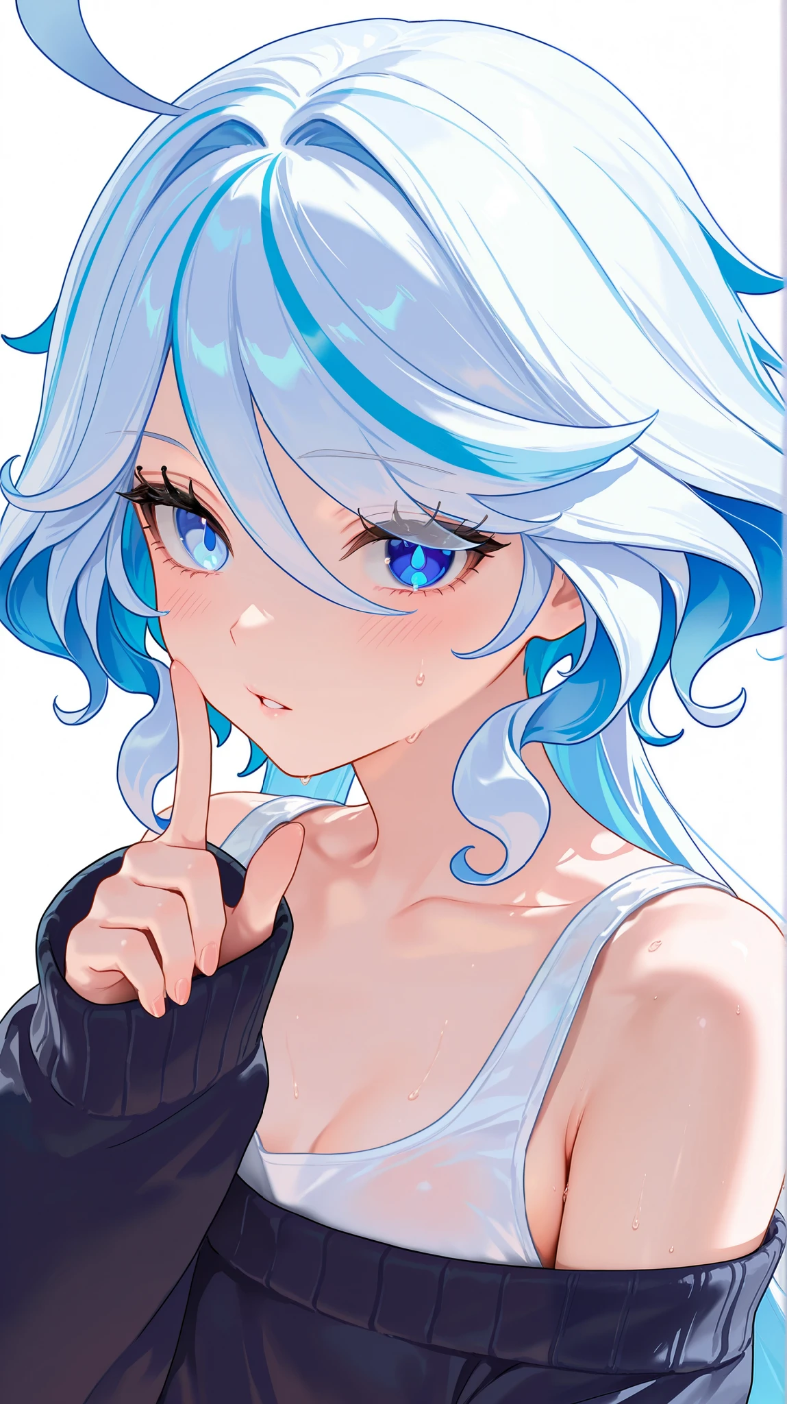 masterpiece, top quality, best quality, official art, beautiful and aesthetic:1.2),(8k, best quality, masterpiece:1.2), (((masterpiece))),(((best quality))),(((extremely detailed))), illustration, who, (masterpiece, top quality, best quality, official art, beautiful and aesthetic:1.2),(8k, best quality, masterpiece:1.2), furina_\(genshin_impact\), 1girl, solo, blue eyes, blue hair, multicolored hair, looking at viewer, white background, simple background, long hair, upper body, sweat, two-tone hair, collarbone, bare shoulders, breasts, white hair, off shoulder, ahoge, alternate costume, small breasts, sweater, hair between eyes, tank top, parted lips, streaked hair, long sleeves, blush, heterochromia, black sweater, white tank top, colored inner hair, light blue hair, index finger raised, sleeves past wrists