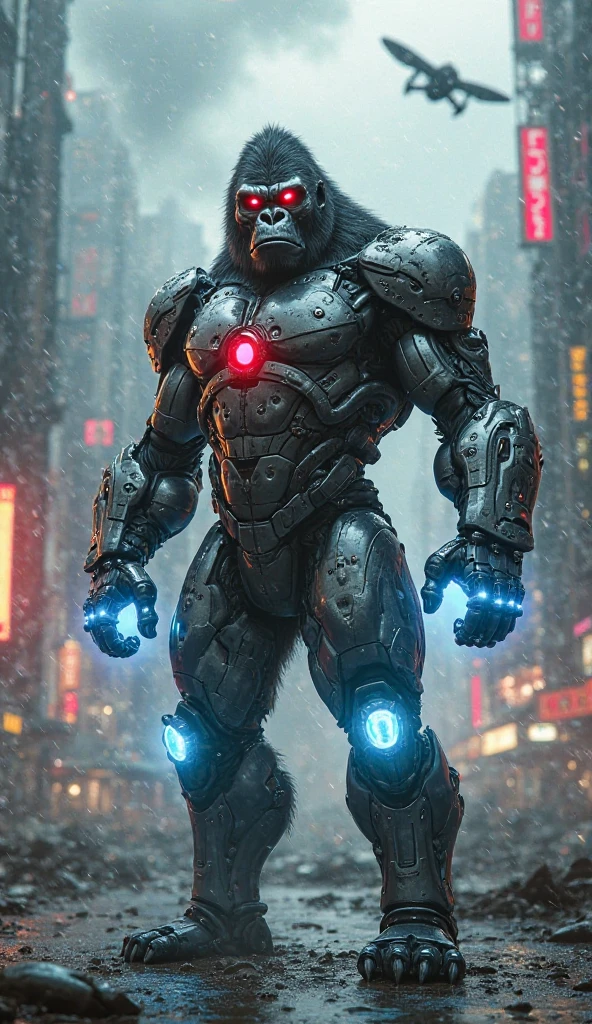 cyberpunk humanoid gorilla,1 character,muscular posture,gorilla-like facial features,strong jaws,flat nose,cybernetic arm,exposed circuits,neon lights,metal plates,fusion of organic and artificial,dramatic contrast,manga style,high quality,best quality,4k,8k,highres,masterpiece:1.2,ultra-detailed,realistic,photorealistic,photo-realistic:1.37,HDR,UHD,studio lighting,ultra-fine painting,sharp focus,physically-based rendering,extreme detail description,professional,vivid colors,bokeh