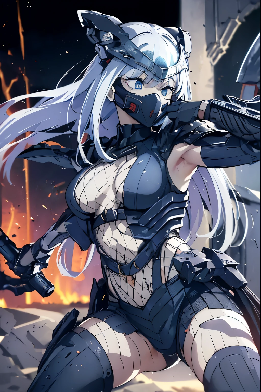 (masterpiece), (high resolution), (alone), (perfect face), (beautiful Korean high school girl), ((long straight white hair and bright blue eyes)), (((Ultra detailed blue eyes))) , white hair, red tartan plaid clothes, smile, stare, stand, watch the audience, (((She has a Katana in his right hand))), ((Long white hair)), ((Long straight white hair and bright blue eyes)), beautiful face, white background, embarrassed look, look at the camera, (high quality eyes), detailed texture, look at me, cool women, ((high resolution eyes)), masterpiece, best quality, (long hair), (Woman wearing full Predator armor from the film), detailed full body, (detailed eyes), (The Predator's small 10cm plasma cannon is an advanced weapon used by alien hunters known as Yautja. It is capable of fire highly energized plasma projectiles that can pierce or vaporize almost any material. (The cannon is mounted on the user's shoulder and is controlled via a visor affixed to the helmet.) (The cannon can track thermal targets and adjust fire power based on distance and target strength.) (The cannon also has an automatic reloading system utilizing a portable power generator.) The Plasma Cannon is one of the most powerful and feared weapons in the Predator arsenal, being used both to hunt dangerous prey and to eliminate potential threats.), (She wears long blades on her wrist like a Predator), ((The Predator's Wrist Blade is a lethal weapon used by this alien species in their hunts. It consists of a metal sheath that fits around the user's forearm, with a mechanism that allows it to project and retract two curved blades about 30 centimeters in length. The blades are made of an extremely durable and sharp material, capable of easily cutting through flesh, bone, and even metal. The Wrist Blade is activated by a button on the glove, or by a mental command through a neural implant), (She wears a full Predator Bio-Mask covering her face), 16k quality, Cinematic