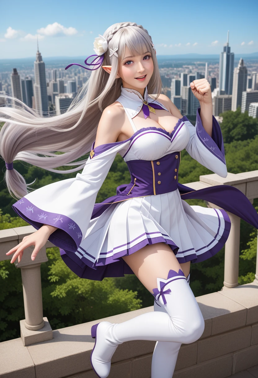 anime girl, white pantyhose, white clothes, white boots, long silver hair, purple eyes, sexy pose, highest quality, cleavage、beautiful eyes、smile
