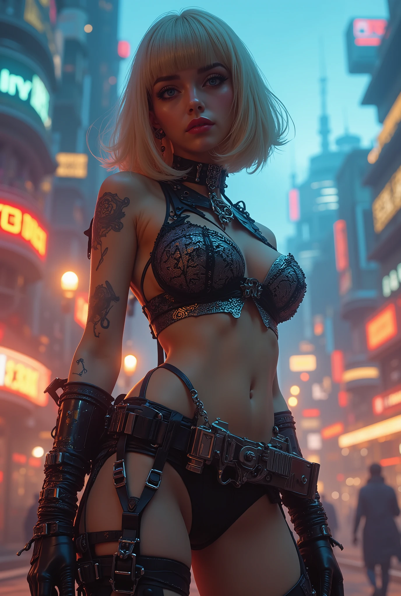 Ciri, Hyperrealistic, realistic texture, spectacular lighting, (Best quality:1.1), depth of field, night, in a futuristic cyberpunk city, HDR, shallow depth of field, wide light, High contrast, backlight, blossom, the light sparkles, Chromatic aberration, sharp focus, Futuristic clothes, Beauty512, Sigh, front view, feminine languid pose, in underwear, open belly, big breasts, big hips, stockings with leather boots, best body, languid expression on his face, bare shoulders, cheek tattoo, mangekyo sharingan eyes