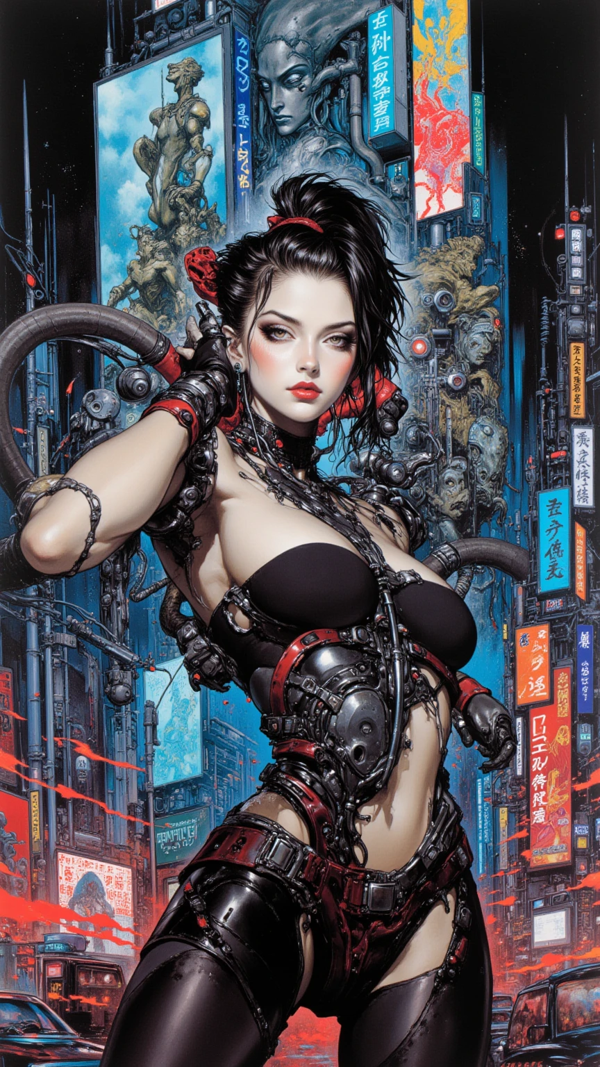 best quality, masterpiece, (detailed:1.2), tattoo, monochrome, science fiction cyberpunk, (chromatic aberration), detailed background, mechanical parts, cable,