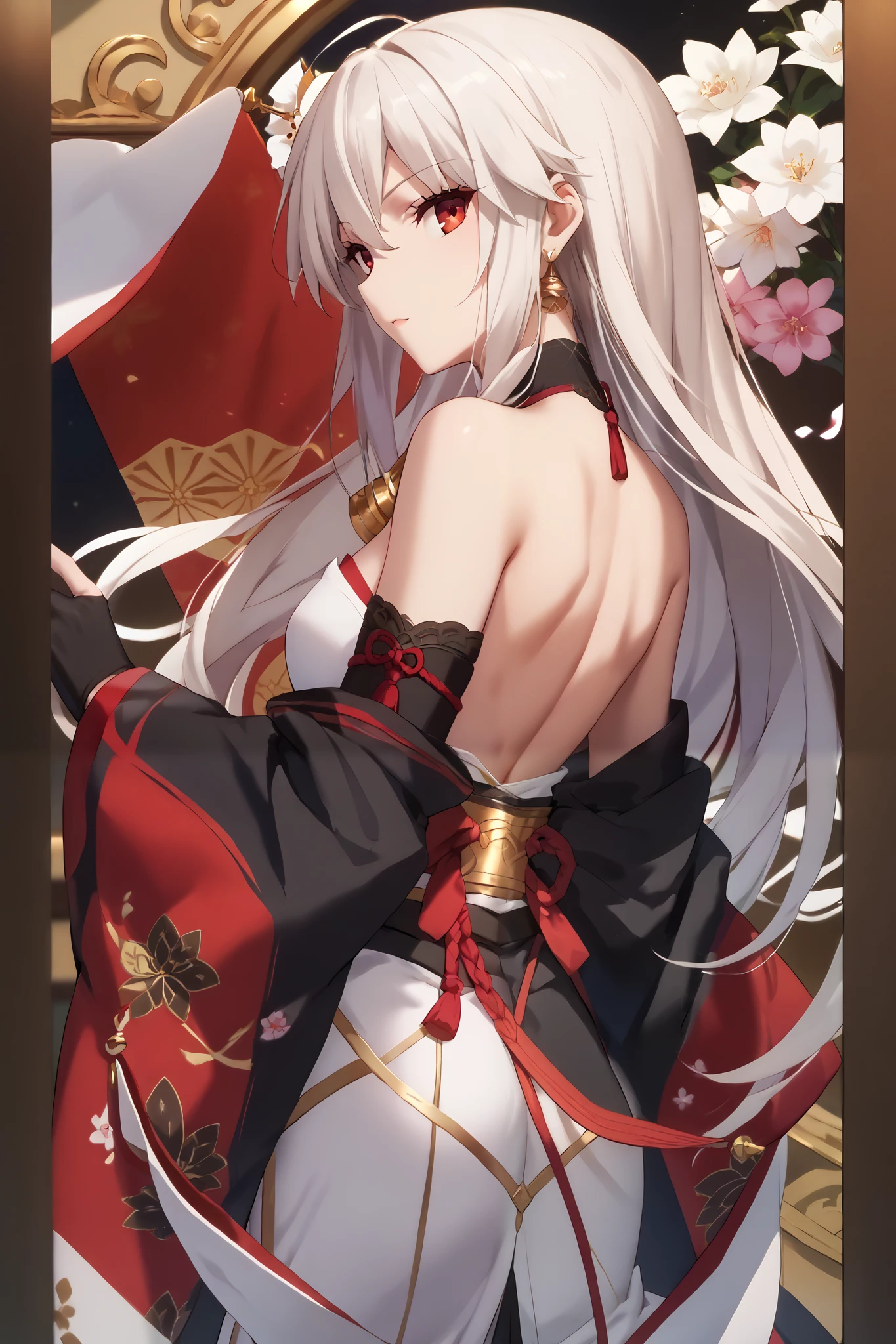 perfect_art, perfect quality, best quality, absolutely eye-catching, masterpiece, absurd res, 1girl, solo, a picture of a woman with long white hair and a white dress, white haired deity, anime, natsume rin, white hair, long_hair, red_eyes, back, exposed_back, (Wearing_blackred_kimono), japanese_princess, evil_princess, sexy, sexy_back, black japanese_gloves