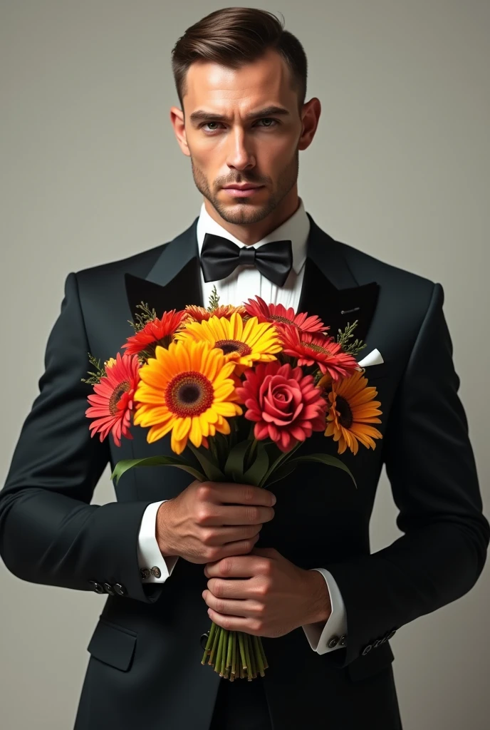 best quality,masterpiece,Ultra high detail,A handsome muscular man,Short black hair,???????,(Flowers on the shoulder),(With flowers in his black micro thong, flowers covered around his head, eyes are closed, covered, eyes are blindfolded with black transparent cloth, realistic,Grey background, flowers on his head,Yellow, violet and white flowers,