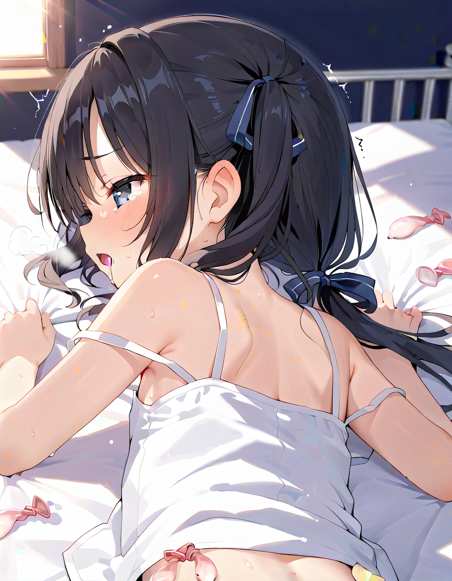 Adorable cute, Curly Hair, Soft Hair, Cute Bangs,Soft and fluffy white and black, Adorable, masterpiece、Best image quality、最high quality、 cryin ,Cute Characters, Most detailed, high quality、(missionary, 1boy, penis, lying, vaginale, ass pov, spread legs, Sex, nsfw)、nose blush、steam、Shiny Hair、Very fine and beautiful bright eyes、Very detailed, clear and beautiful face, Awards, Anatomically correct、((Scared))