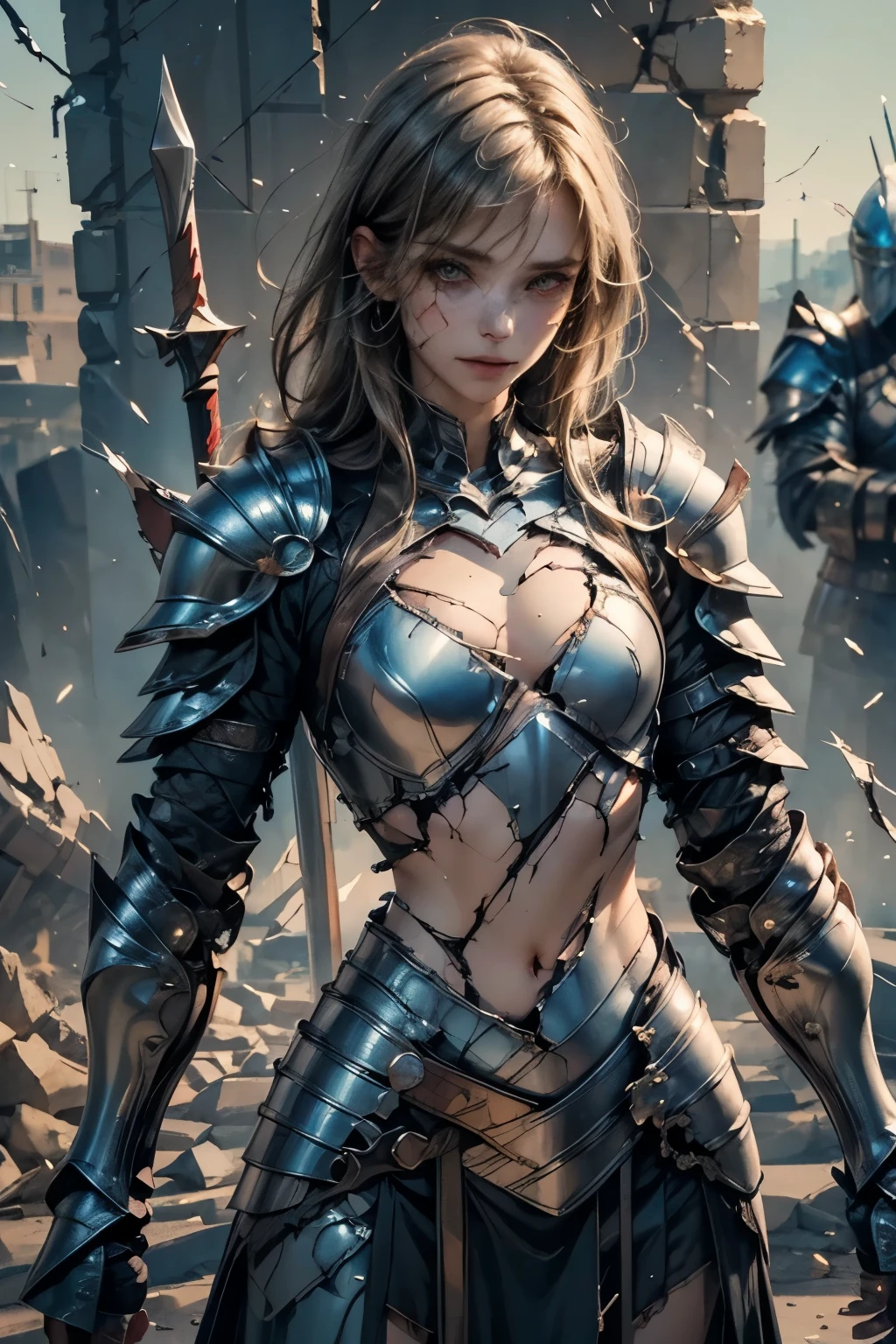 masterpiece, extremely detailed, medieval fantasy, (two-handed axe), athletic, very sexy, (warrior armor), torn clothing, sweat, wet hair , Face to Face ,, annoyed ,broken armor, worn-out armor, asymmetrical armor, injured, cut and bruised, bleeding, cracked armor, ripped armor, cut face, ((cut eye)), standing, ((woman)), ,BREAK, adult, mature,(solo),(fullpage of beautiful women),(beautiful detailed face,beautiful detailed eyes,finely detailed shiny skin,beautiful small hips),light smile,medium breast,(emphasize body line),slant eyes,Hight resolution,Hight quality, realistic, (8k,RAW shooting,highest quality,masterpiece:1.2),Super detailed,super resolution,(genuine,genuine:1.37),portrait,High-definition RAW color photo,professional photography,highly detailed face, highly detailed body,perfect anatomy,detailed background,BREAK,,(on battlefield),(cracked armor:1.7),,((Shattered armor:1.7)),,((crushing armor:1.7)),((Armor half chest split:1.7)),,((Broken chest armor:1.7)),,,((The right chest section of the armor has been torn off.:1.9)),