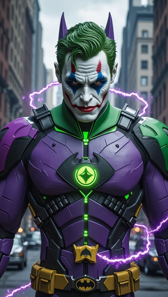 Portrait, Zombie Joker from DC, biomechanical, complex robot, full growth, hyperrealistic, insane small details, extremely clean lines, cyberpunk aesthetic, masterpiece featured on Zbrush Central, gothic brutalist cathedral, cyberpunk, award-winning photo, bokeh, neon lights, cybernetic limb