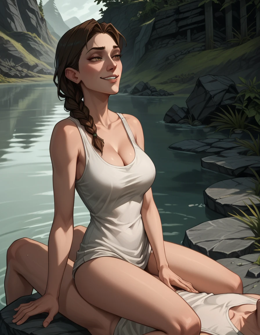 Girl, smiling, black hair, black eyes, bathing, standing on a watery and rocky floor, D size chest, thick hips, thin waist