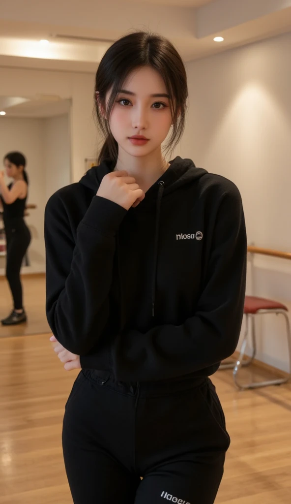 deux femmes ensemble de 18 ans sexy et mince , black short sleeve hoodie , salle de classe, se touche,position sey,sensuel
