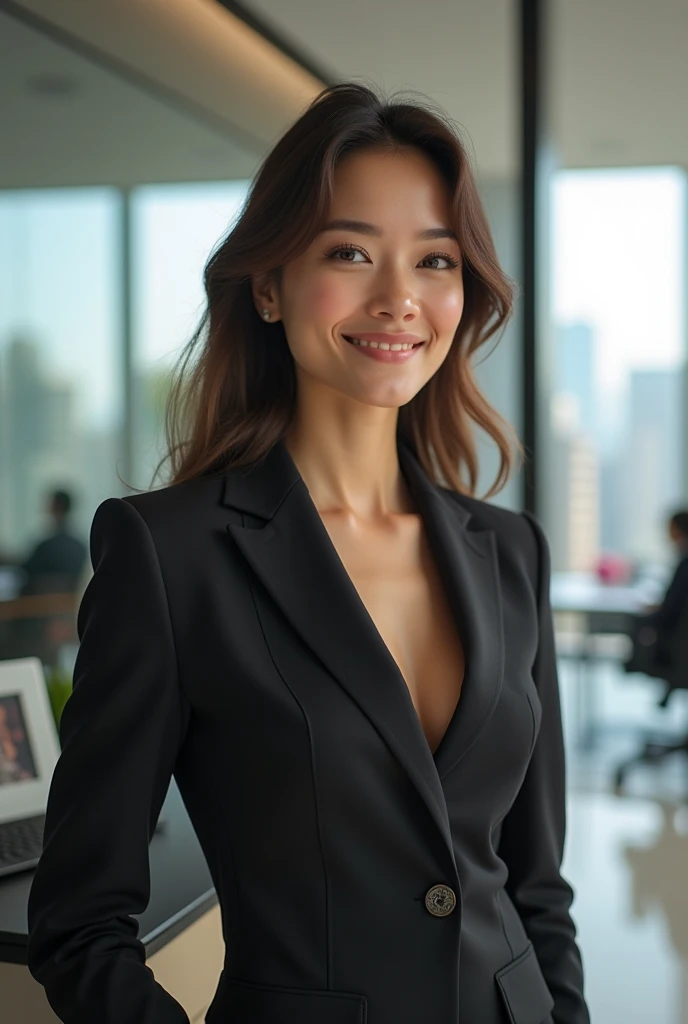 (8K、highest quality、highest quality、masterpiece、ultra high resolution、beautiful woman with perfect figure、emphasize cleavage、carefully crafted face、beautiful fingers、beautiful hands、skin texture),whole body、idol sculpture、((long hair))、alone、beautiful double eyelids、smile, office lady suit、officeレディスーツ)、(woman)、work、OL、office、