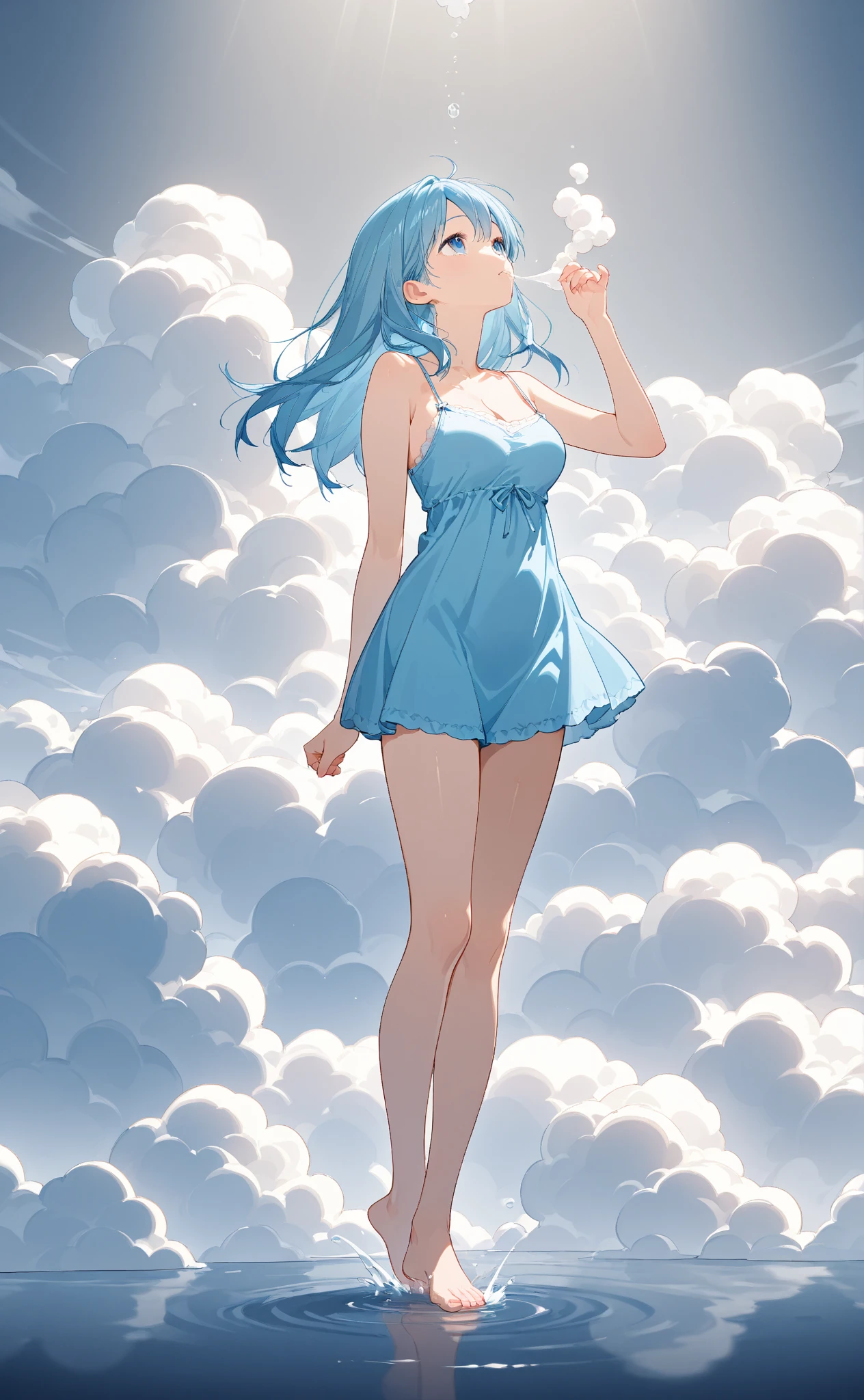 a sexy woman big breast cute beauty white hair long wavy curly white her yellow eye dresses white corset bra thread lace and a short white corset miniskirt pair of socks blue net black heel she bathing cloudy cloud