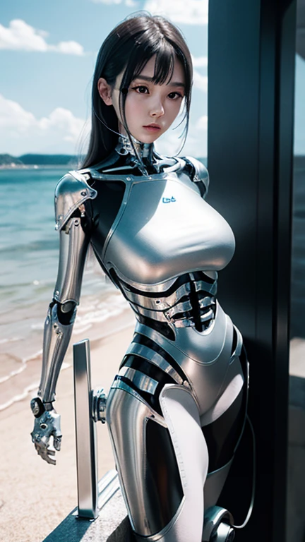 Best quality, delicate face, 20-year-old kpop idol girl, silver cyborg body, (small breasts:1.27), metal structural skeleton, mechanical joint, bangs, seaside, standing posture, beach, (puffyareolas), (camel toe, cameltoe, vulvashaped:1.2), cyberpunk, sci-fi,