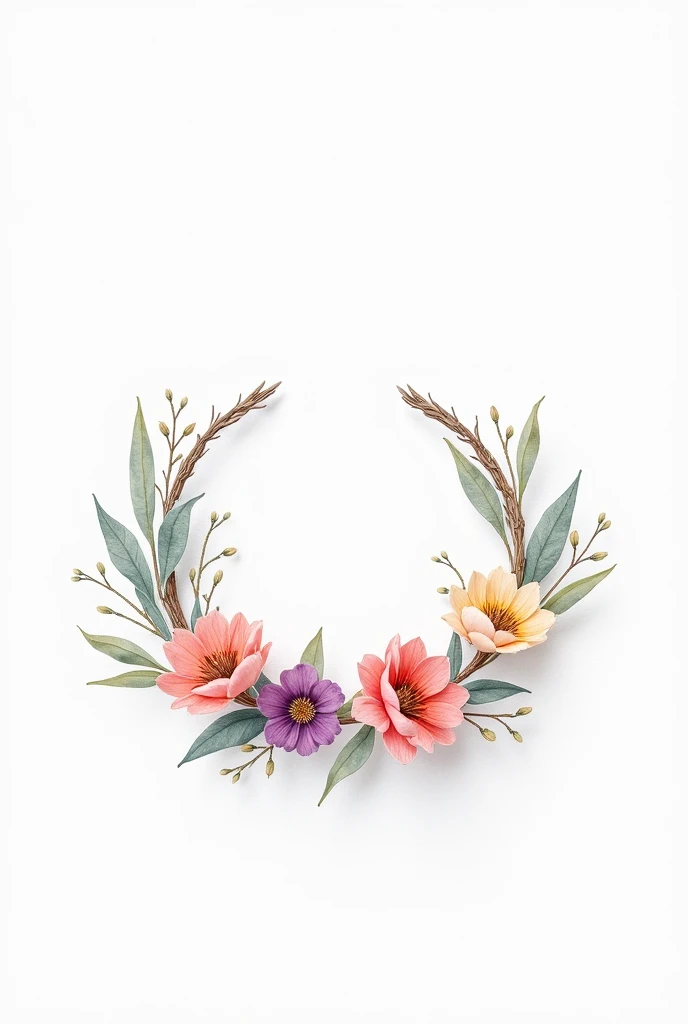 Half a Flower Crown, from the front, inn on a flat surface, in watercolor. With a totally white background.