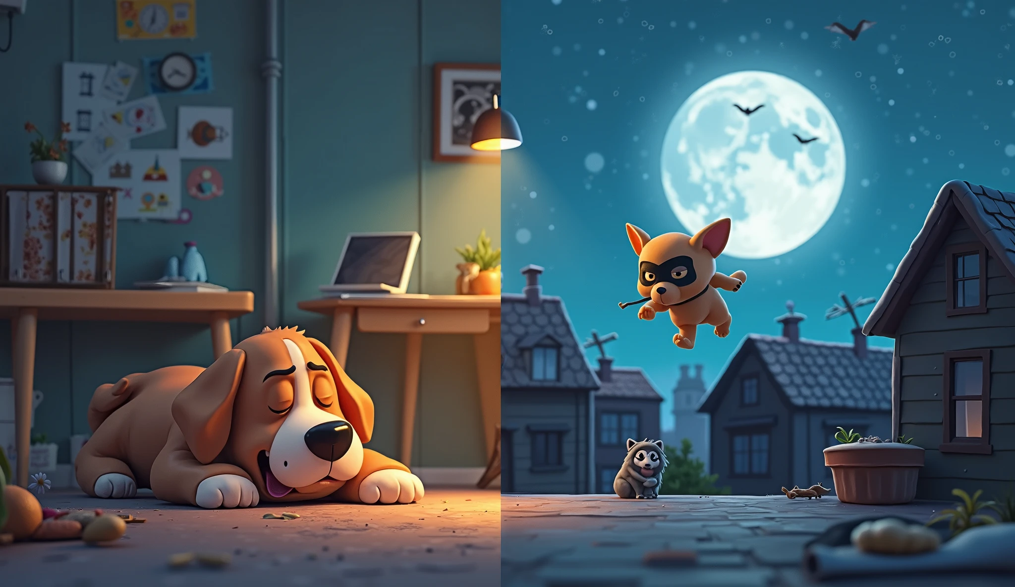 A fun split-screen 3D animated illustration of a dog’s secret life. On the left side, during the day, the dog is a normal, lazy pet, lying on the floor, snoring with his out, while his owner works at a desk. On the right side, at night, the same dog is in full action mode—wearing a tiny superhero mask, sneaking out of the house, running across rooftops under the moonlight, secretly saving the neighborhood from mischievous raccoons. The dramatic lighting and contrasting scenes make for an exciting story!"