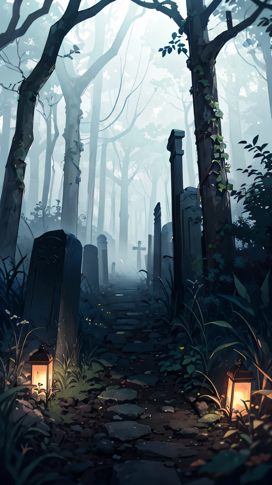 A narrow path leading through an abandoned cemetery at night, crumbling tombstones covered in ivy, a dense fog obscuring the way ahead, flickering lanterns casting eerie shadows, distant whispering voices, rustling sounds from the overgrown bushes, a chilling presence watching from the darkness, ultra-detailed, cinematic horror composition, 4K