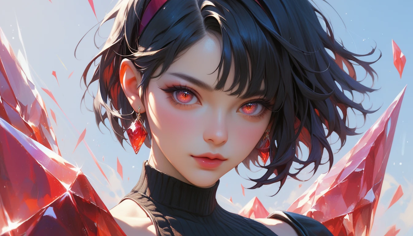 A pretty woman, short hair, shoulder length hair, black hair, Red eyes, Red lips, very beautiful, blood red jacket, black t-shirt, close view