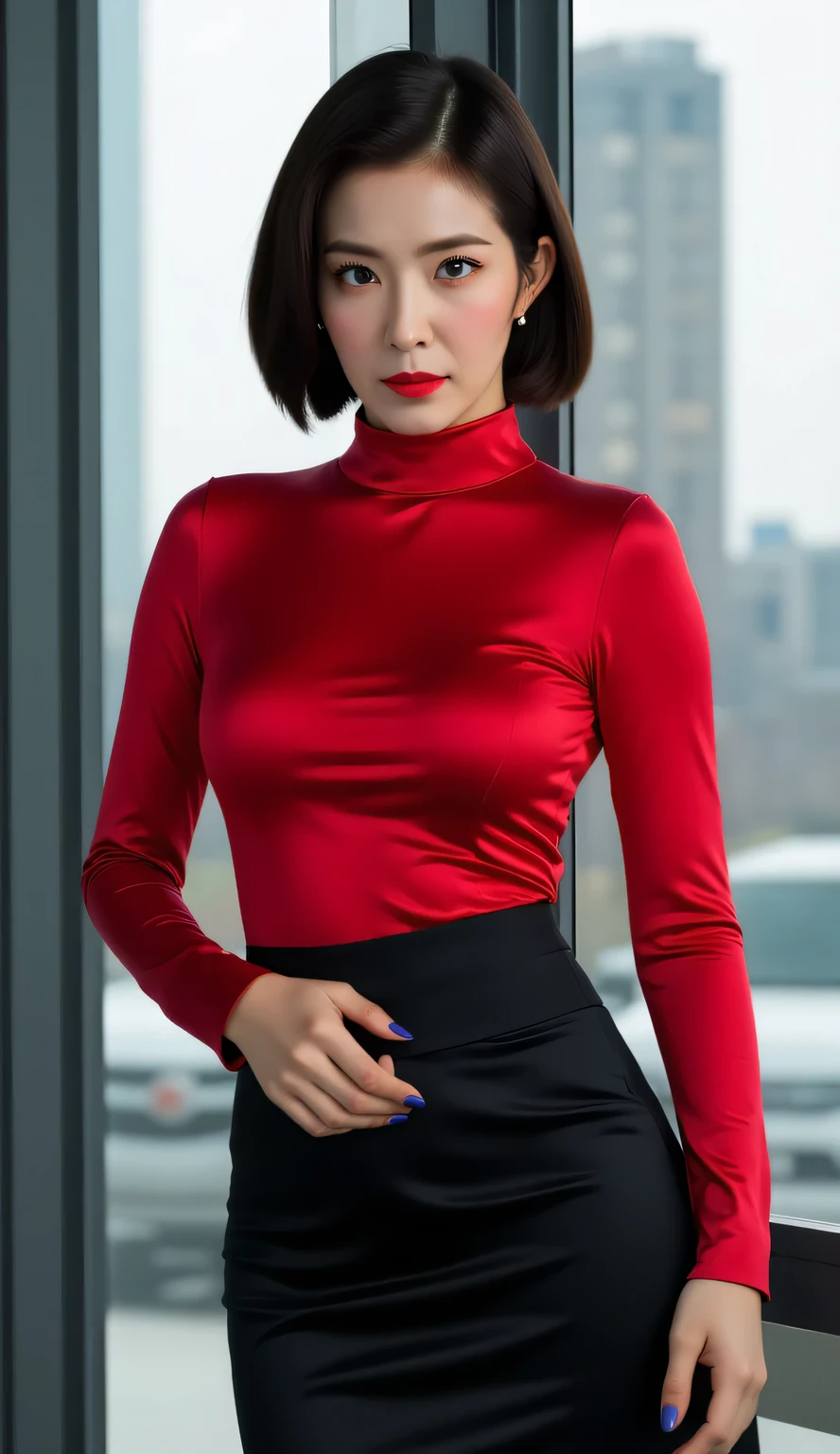 a beautiful woman, standing by the window in the office, facing the camera using a long sleeve turtle neck t-shirt in red satin material, use long skirt to toe fishtail model black satin material, big boobs,  red lips, angry face,  slim waist, short dark hair