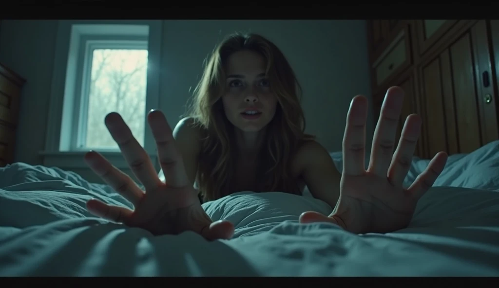 A screaming naked woman im a bedroom with a portal behind her