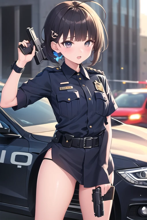 Best Quality, masutepiece, beautiful mature women、Beautiful face、Strong-minded woman、Female Police Officer、Hats、a miniskirt、brown haired、Brown-eyed、Longhaire、poneyTail、Undersized eyes、Full body like、Downtown、outside of house、In front of the police car、Police cars are white and black