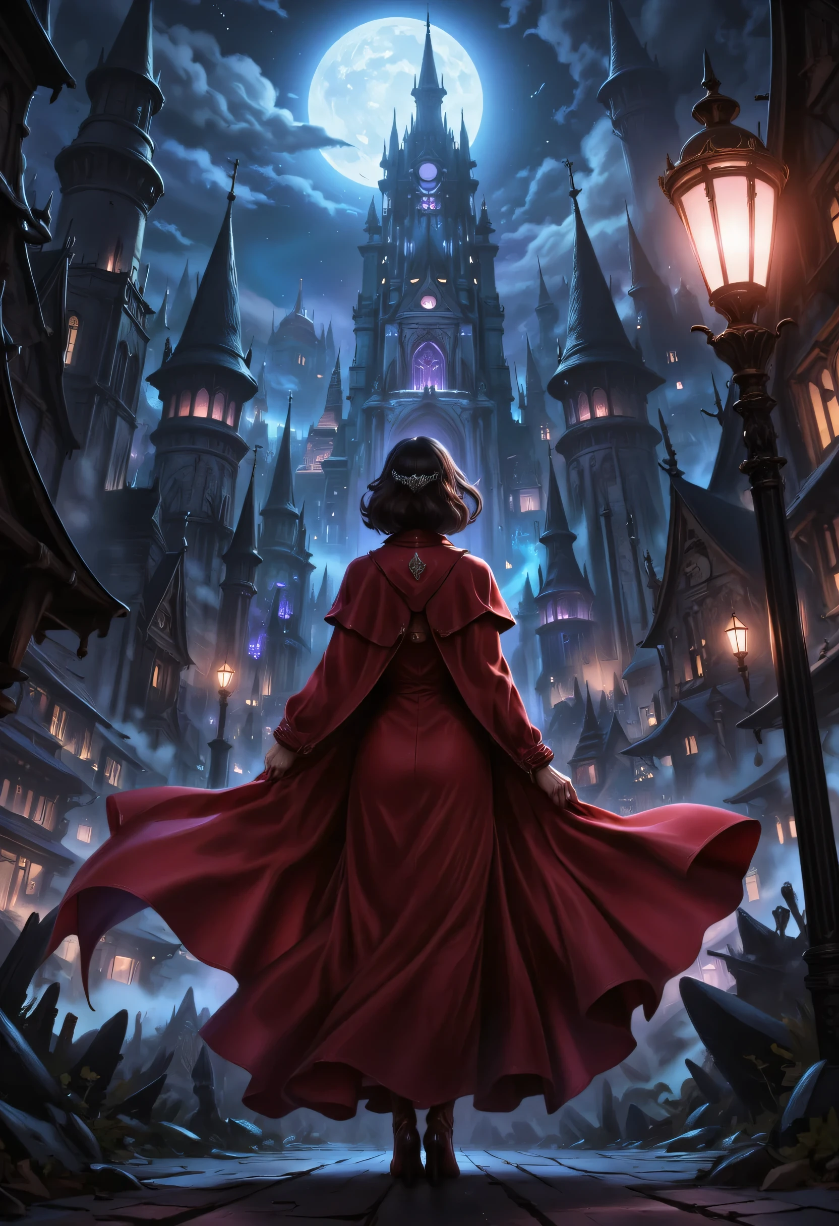 comic art, fantasy art, RPG art, ultra wide shot, a picture of a mysterious woman standing under the steampunk streetlamp, in the big city, a beautiful mature woman, elegant woman, dynamic hair color, dynamic hair style, wearing intricate deep red silk dress,  billowing in the wind, flowing red cloak, high heels,  standing in steampunk city at night, goth buildings, moon in the sky, 16k, [ultra detailed], masterpiece, best quality, (ultra detailed), full body, ultra wide shot, zavy-ctcmcs, aidmaDarkfantasy
