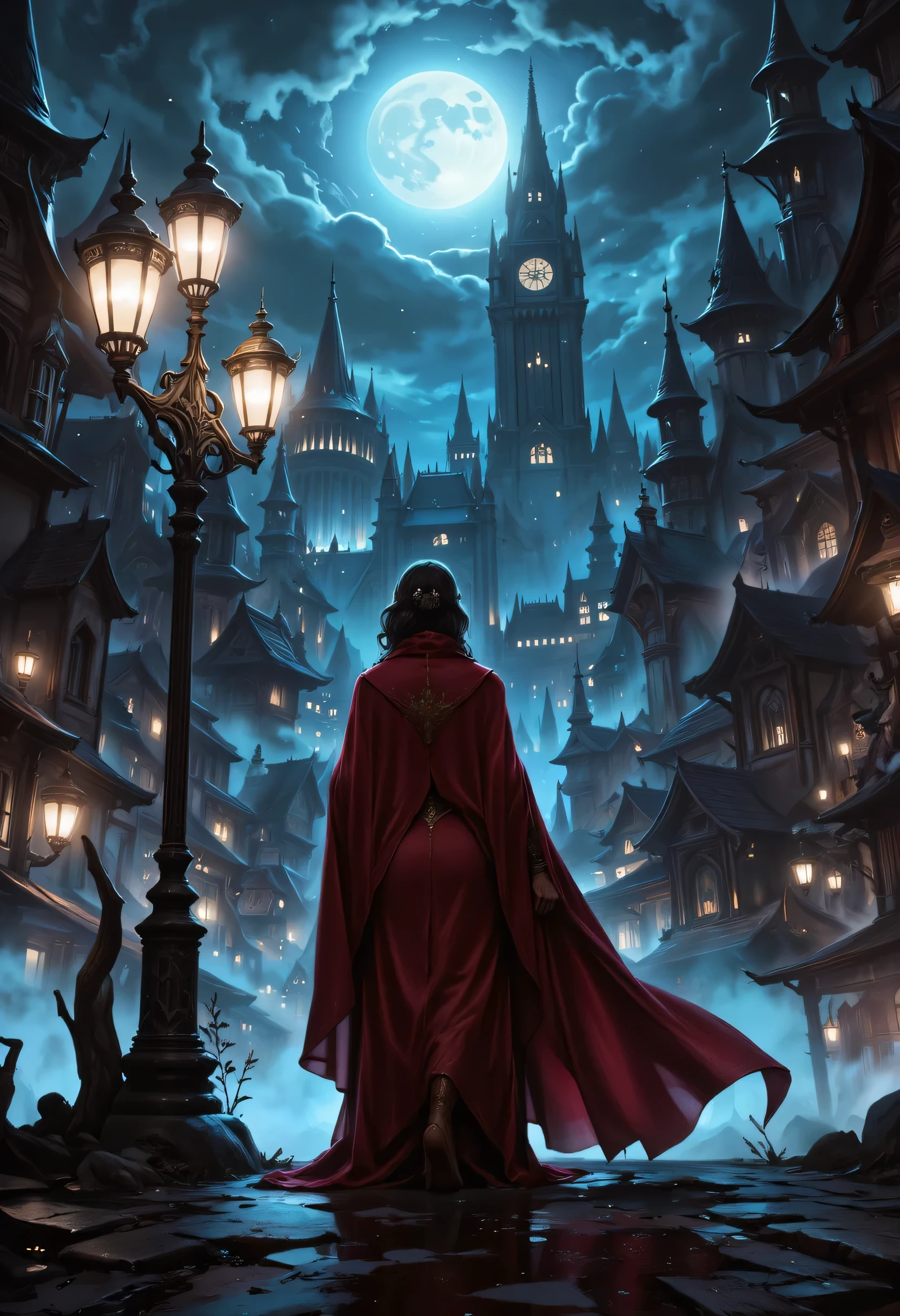 comic art, fantasy art, RPG art, ultra wide shot, a picture of a mysterious woman standing under the steampunk streetlamp, in the big city, a beautiful mature woman, elegant woman, dynamic hair color, dynamic hair style, wearing intricate deep red silk dress,  billowing in the wind, flowing red cloak, high heels,  standing in steampunk city at night, goth buildings, moon in the sky, 16k, [ultra detailed], masterpiece, best quality, (ultra detailed), full body, ultra wide shot, zavy-ctcmcs, aidmaDarkfantasy