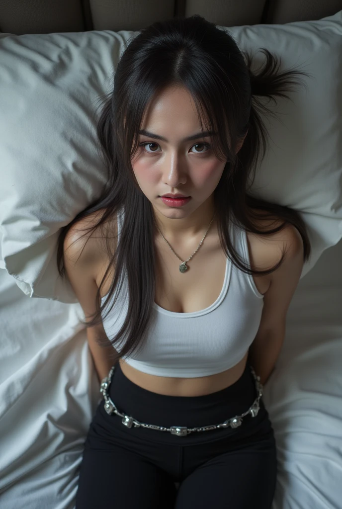 Beautiful black-haired Asian Girl, inexplicable beauty, beautiful eyes, beautiful lips, and beautiful long black hair, with small waves at the ends, with tattoos, and a short white shirt with a message that saids "i love arctic monkeys", lying on the bed posing while wearing headphones listening to music, with big tits