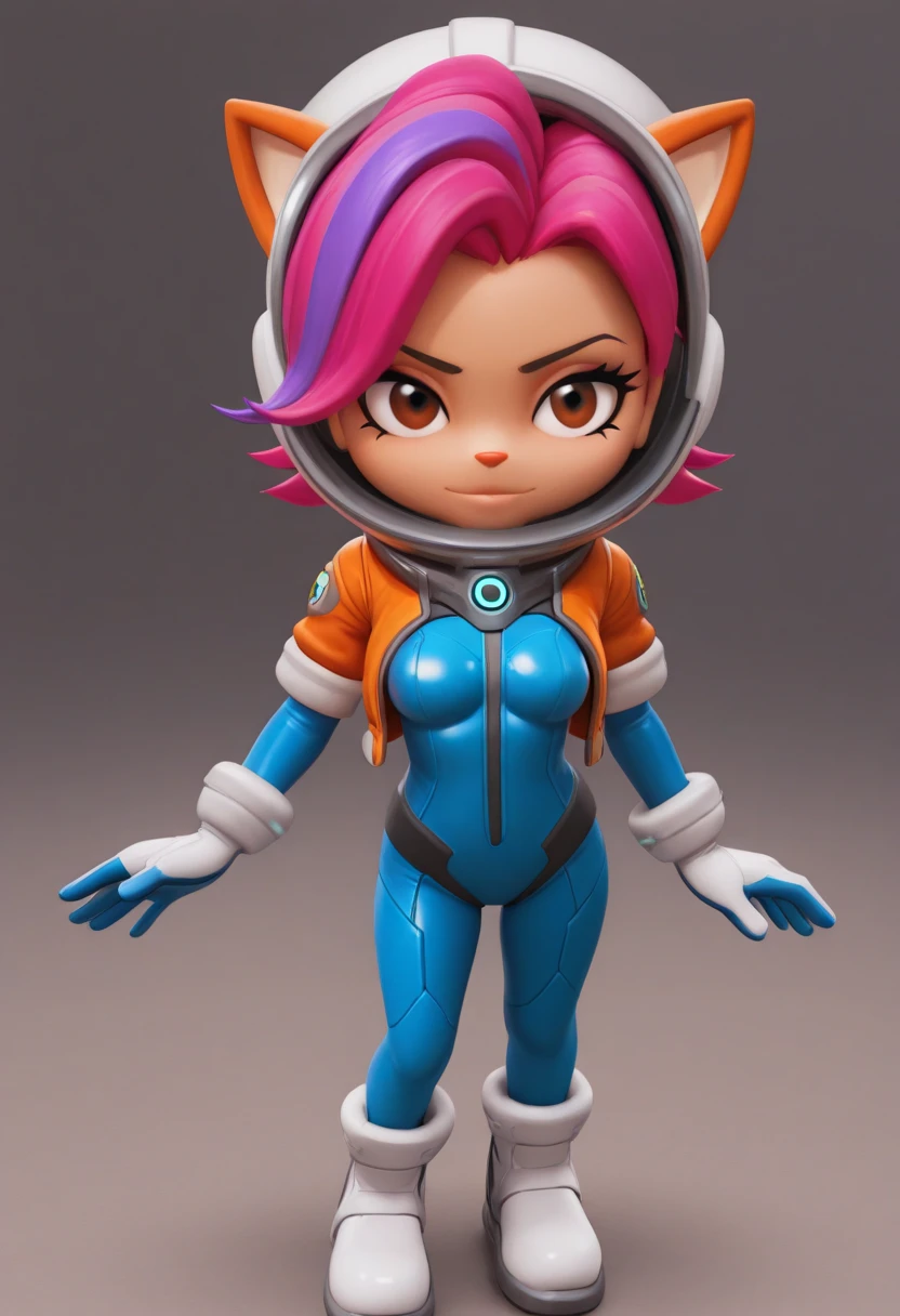 Fiona The Fox (Sonic x) overwatch, 3d, cgi, purple hair, multicolored hair, short hair, bangs, streaked hair, pink hair, brown eyes, , space helmet, spacesuit, blue bodysuit, cropped jacket, multicolored gloves, orange jacket,Bright Room Background